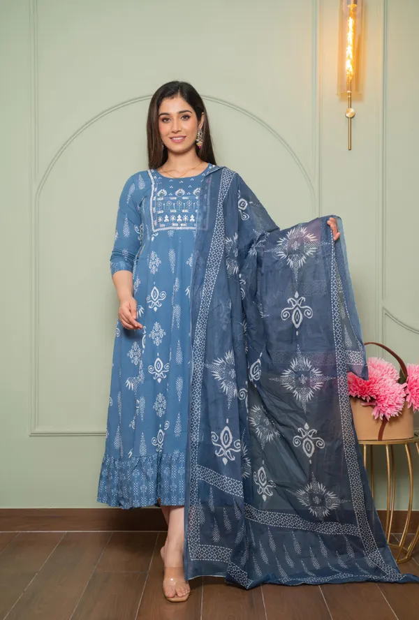 Premium Rayon & Cotton Kurti with Dupatta Set | KS948